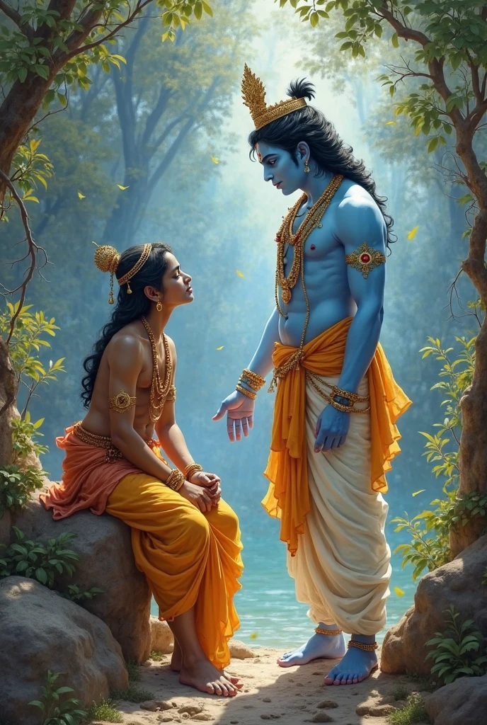 Lord krishna and sudama looking at the river back photo Krishna on the left side Krishna placing hand on sudama shoulder