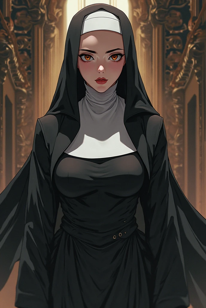 old slim nun, standing outdoors with a full body shot taken from below, her figure clothed in habitual attire, yet her gigantic breasts and cleavage remained covered – a testament to her religious devotion. The braless nature of her outfit was concealed beneath the voluminous garments, revealing only the slender curves of her waist and the worried expressions etched across her face. The sunlight gleamed off the shiny fabric of her habit, showcasing the intricacies of the nun's attire and the subtle contours of her body.