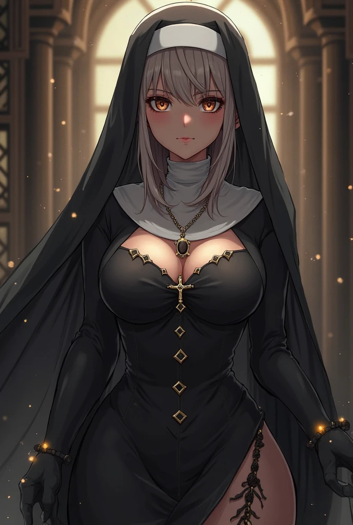 raw, analog) (gothic nun huge breast), set in the 1990's, surreal make up, leather clothes inside a gothic church at night, neon lights, very dark, horror, red shades, chaos, sinister, high details, ultra realistic, SonyA7III, cinematic lighting, film, grain, UHD faces, volumetric shadow, insanely detailed,