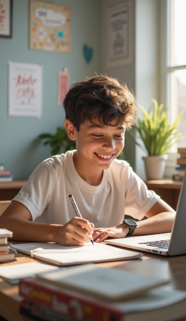 European and American little boy, studying with computer, computer next to his hand, paper and pen on the desk, smiling, hyperrealistic, hyperreal, 8K, ultra-high quality photo, little boy model