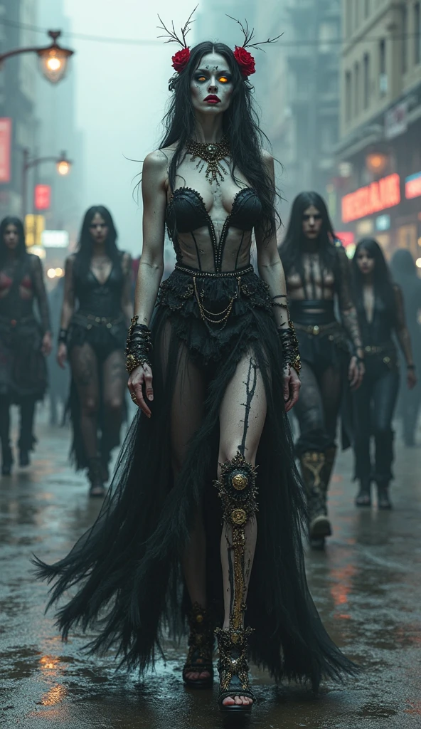 (of the highest quality:1.8), (masterpiece:1.8), (Extreme Photo Realism:1.8), (ultra high resolution, 8k:1.8), (cinematic lighting:1.6), (divine sorceress:1.8), Medium brown skinned woman with strong and delicate facial features, (long wavy black hair, Wet:1.7), Bright purple eyes that emit a magical and seductive aura, slim and curvy figure, (voluptuous and perfectly sculpted body:2.0), (big bust, firm and well proportioned:2.0), (pronounced and harmonious hips, accentuated by her elegant and provocative posture:1.9), (smooth and luminous skin), (ethereal and translucent black clothing, floating around your body:1.8), (tight clothes, highlighting every curve with overflowing sensuality:2.0), (Deep and elegant neckline:1.8), (long legs, toned and sculpted:1.9), (Magical jewels that shine with the energy of the storm:1.7), (pose levitante, with a dominant and powerful posture:2.0), (glare, seductive and full of hypnotizing power:1.9), (mystical and gothic tavern, surrounded by barbarians who challenge her:1.7), (aura of power and overflowing sensuality, showing their strength:2.0), (extremely precise details in hands and feet:1.8).