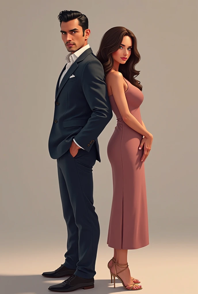 Bruce Wayne in the style of comics wearing black sunglasses. Next to him is a charming and beautiful woman in a red dress, hairstyle, Stylish Layer, high heel shoes, medium makeup.