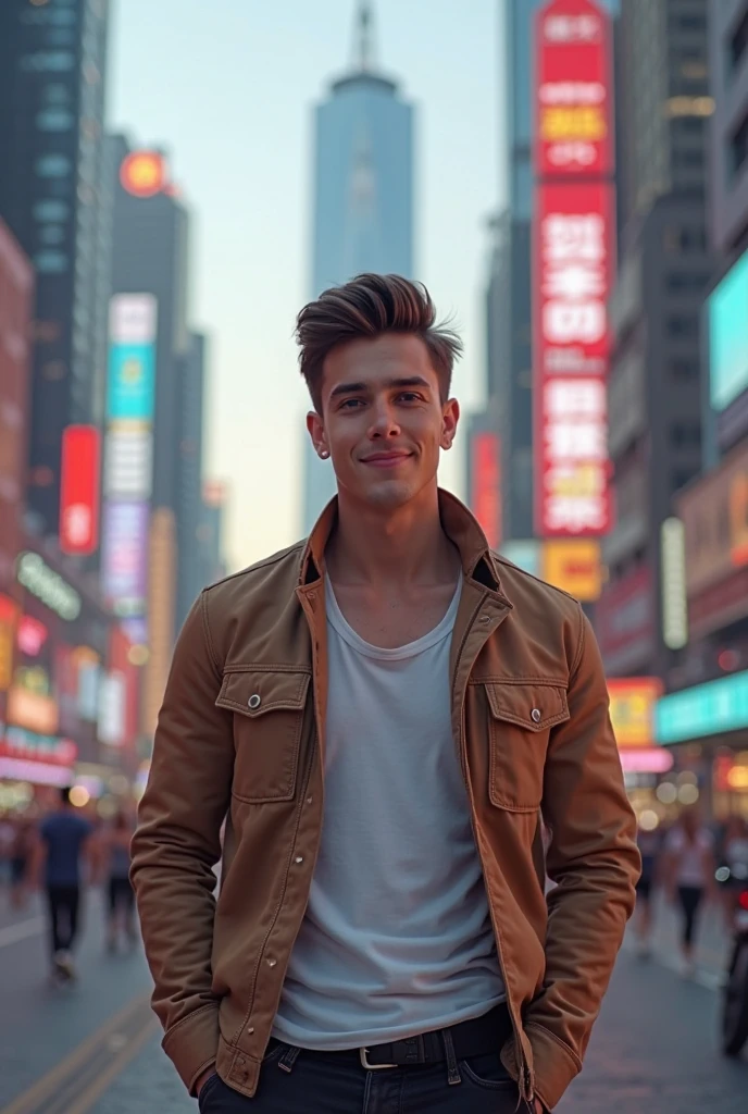 masterpiece, best quality, highres, ultra high res,real, photorealistic,Young man,Handsome face,evening,natural lighting,looking at viewer,outdoor,full body,smile,round face,short hair,details eyes,Shanghai city street,Nightscape