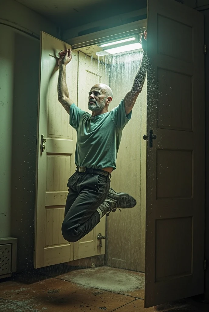 a scary old, but muscular man climbing in through a bedroom window on a stormy night