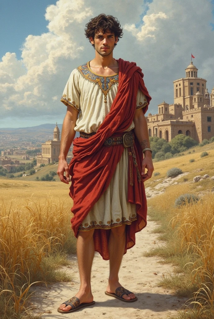 "A male stoic philosopher with a well-proportioned and attractive physique, not excessively muscular. He is wearing classic tunics, slightly transparent, that gently drape over his body, subtly revealing parts of his chest and shoulder, with a very short and well-groomed beard, and wavy, well-stylised hair. He is holding a shield symbolizing protection, with a determined expression on his face, ready to face challenges head-on. The scene is set in a vibrant, impressionist landscape with rich colors and dynamic brushstrokes, creating a sense of movement and emotion. The background has a subtle texture that adds depth but complements the text without overpowering it."
