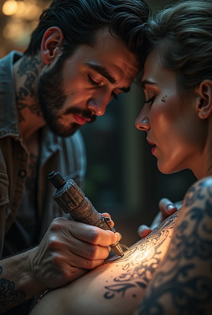 Blond man in mask tattooing a beautiful woman on his arm