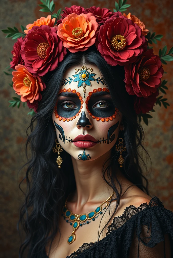 beautiful Mexican girl, stunning face, half body shot, J Scott Campbell style, 8k, ultra sharp, skull makeup