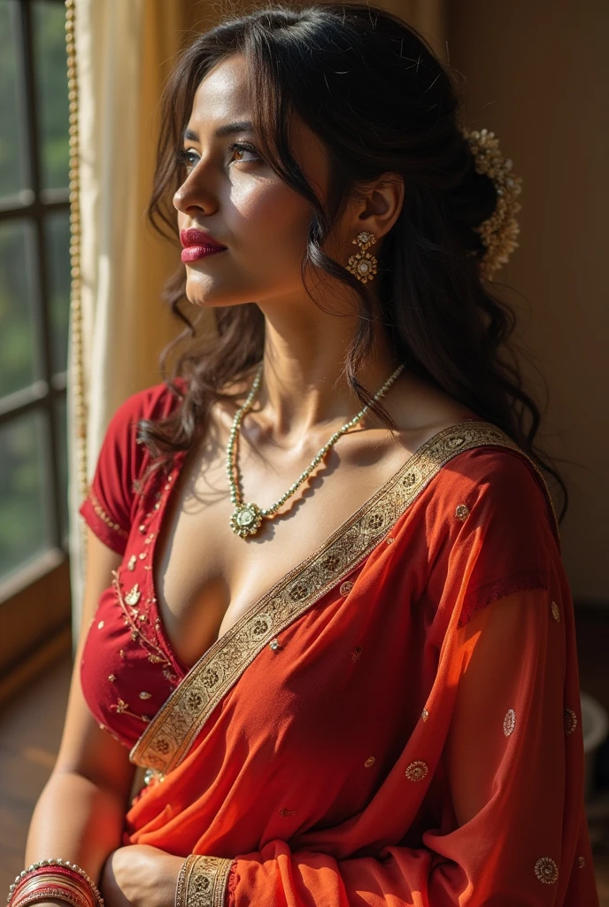 indian bhabi 3, sexy facial features and seductive look. wearing a saree with bra. busty body. busty milf