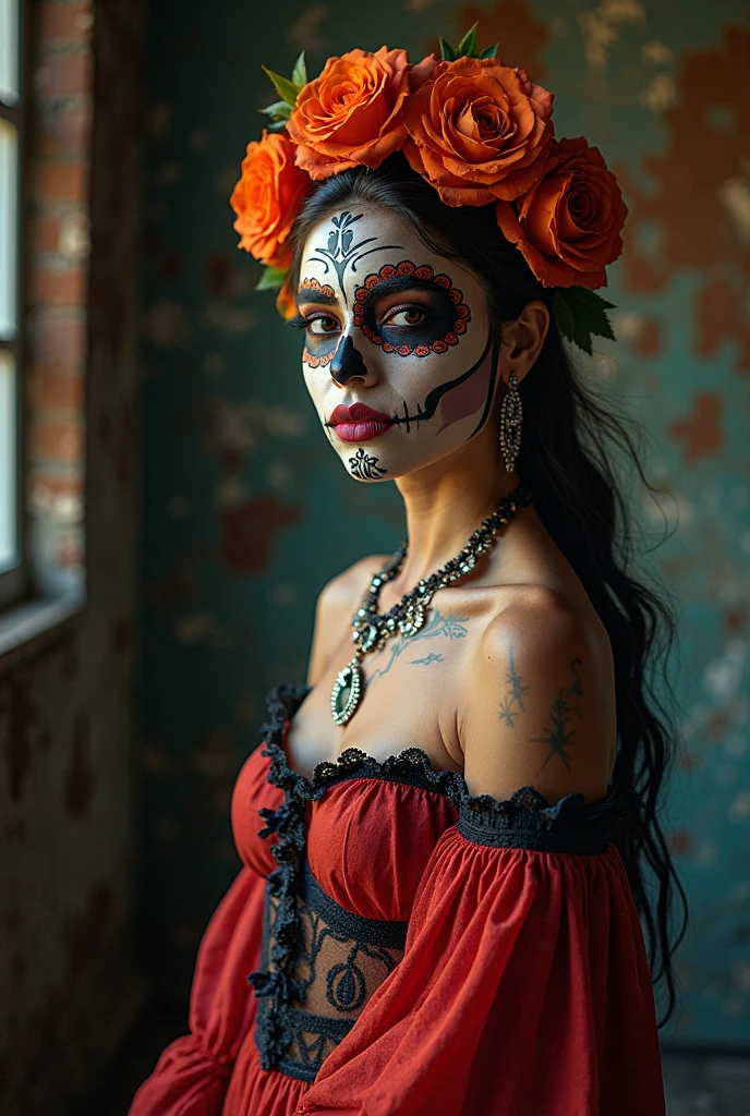 beautiful detailed eyes, beautiful detailed lips, extremely detailed eyes and face, thick eyebrows, portrait, girl with day of the dead makeup, nude figure, dramatic lighting, dramatic pose, intricate headdress, vibrant colors, cinematic composition, digital painting, hyper detailed, artstation, award winning, nude masterpiece, (wide angle:1.4), wearing nothing but high heels, contrapposto stance, whole body tattooed, body piercings