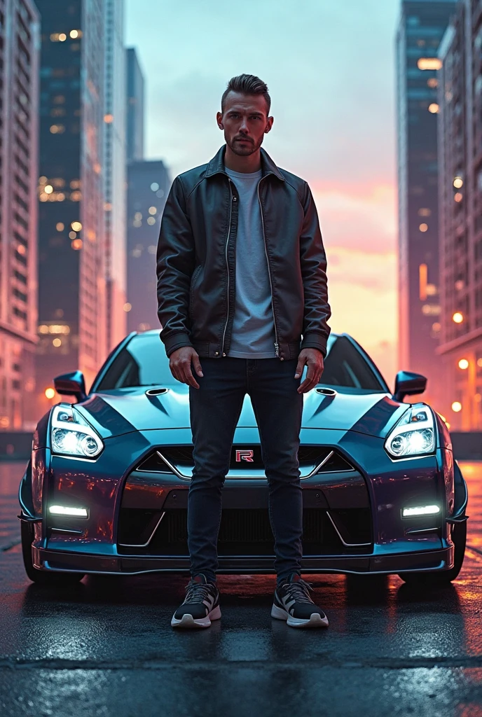 photorealism:1.2), handsome youngman(hans to fast 2 furious actor), black printing t-shirts and smoking(smokes comes out) , modified nissan skyline  (glossy silver), smokes streets, the traffic lights and marks, low angle camera shots, headphones on his neck, new nike sneakers, car lights in the streets at nights