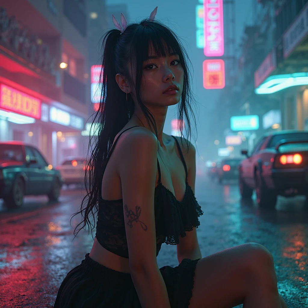 **"Ultra-detailed 8K photorealism, a dangerously skinny Chinese girl in a cyberpunk kawaii-goth style, exuding wild seduction. Her pale skin glows under neon lights, covered in holographic sweat. Outfit: a ripped mesh crop top barely covering her small chest, a micro-skirt made of liquid-reflective vinyl that clings to her hips, thigh-high stockings with cyber-circuit patterns, and heeled boots with retractable spikes. Accessories: a collar with a 'DANGER' hologram, glowing nipple piercings, and electric-blue nail claws.

Pose (CRUCIAL):

One knee aggressively on a broken neon sign, the other leg stretched back, showing off her thigh gap.

Back arched violently, hands pulling up her skirt teasingly, fingers digging into her own flesh.

Face: Sharp tongue piercing visible, biting her own neon-stained lip, eyes rolled back in fake ecstasy.

Extra: A holographic drug syringe fading into pixels near her thigh for edge.

Setting: A flooded cyber-alley, neon signs flickering '愛' and '殺', reflecting on oily water. A mangled robot cat watches from the shadows.

Lighting: Harsh pink and cyan spotlights, creating dramatic shadows under her collarbones and between her legs. Style: Sleek but gritty, like a banned Tokyo underground ad."**