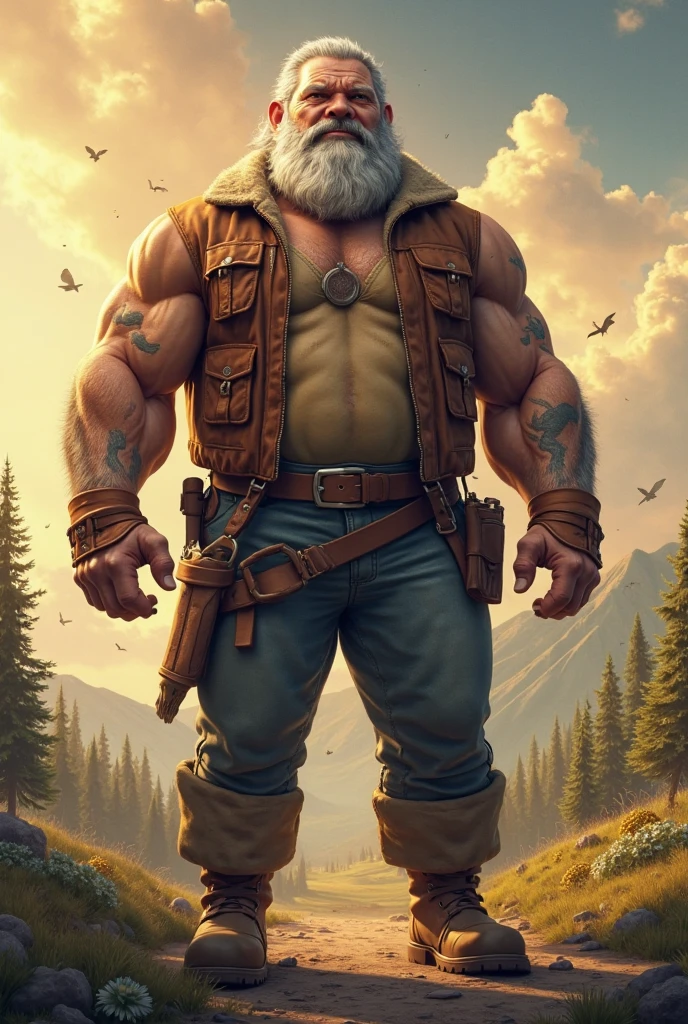 muscular heroic lumberjack, rugged outdoorsman, large stature, powerful build, tanned skin, weathered features, flannel shirt, worn jeans, heavy boots, wielding an oversized axe, standing in a vast forest, towering trees, natural light, vibrant colors, dramatic shadows, cinematic composition, hyper realistic, 8k, high quality, masterpiece, photorealistic