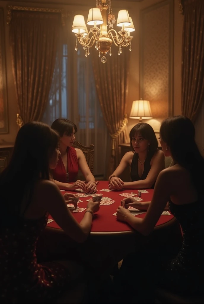 realistic photo, detailed photo, 4 different young women sit on the round table and play the evil card game, evil card game:1.5 , gambling, worst consequence in lose, card in hands