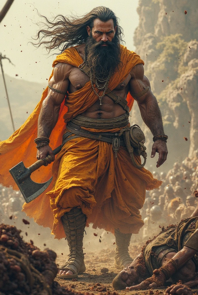 One bramhana pandit(parashuram) with great height and sixpack body holding big axe on his hands and He has an bow and arrows on his shoulder standing on a high place and see in the war like a warrior ,he is bramhana pandit with amazing looks high beard and full hair ,he has orange cloths looks like bramhana on his body and he killed so many peoples like warrior in a war with his axe He is on war and so many warriors escaped from that axe man