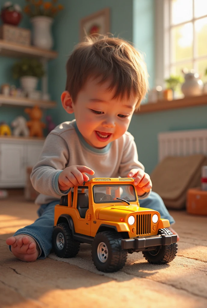 boy,playing with toys,1980s,vintage,retro,nostalgic,warm tones,soft lighting,film grain,detailed facial features,curly hair,bright smile,cozy living room,1980s decor,wooden floor,family portrait,natural light,photorealistic,highly detailed,professional photography,Kodak Portra