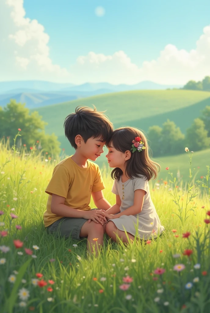 Far view, a boy and a girl are lying on the green grass, they are falling in love with each other, they look happy and peaceful