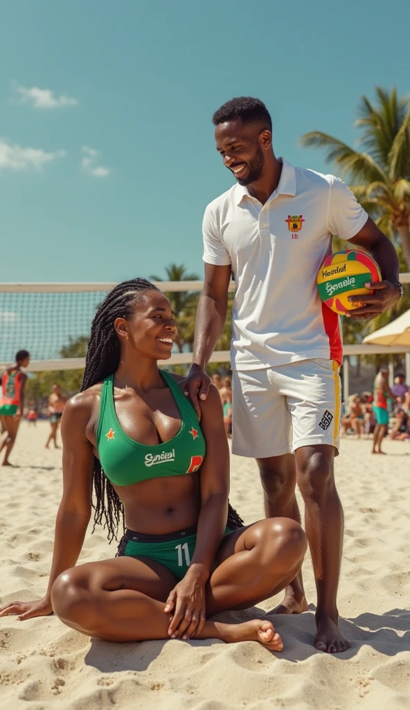 A couple holding hands, mulher de pele negra de cabelos pretos e longos com os olhos castanhos escuros, sorriso lindo e bochechas grandes e nariz fino; homem sorrindo com os olhos na cor verde de cabelo claro (loiro) and short American cut style hair with a beard in medium blond color of robust physique and fair skin and large cheeks