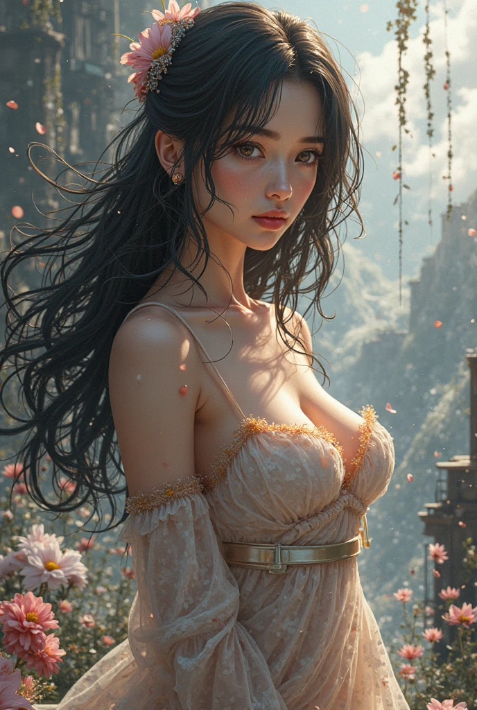 Hanfu, black hair, long hair, big breasts, beautiful breasts half exposed, peach blossom tree on background, sadness, neoclassical, backlit, 8k, delicate and clean face,