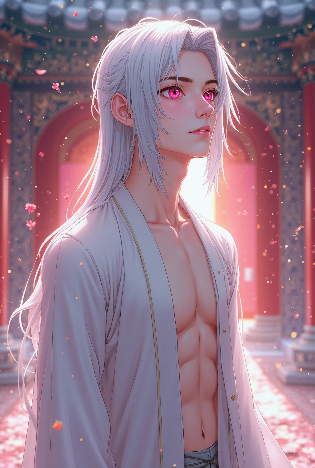 {{{{{16k, Camera angles close to his face with an authoritative expression and large pecs}}}}}, {{{{{His body and sexual appeal are at their peak and he exudes an extremely seductive aura. He kneels with his eyes up, drooling from the tip of his tongue and sticking out his tongue lovingly. Korean man, solo, manhwa style, Geum-hoo, violet eyes, long platinum hair, gat hat, (nude: 1.5), (transparent hanbok), big breasts, cleavage, thighs, coffee ass, (sakura: 1.3)