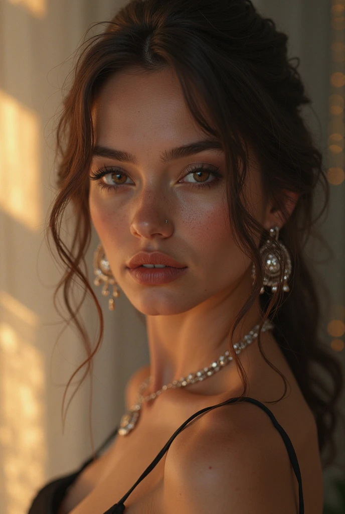 (((ultra realistic))) Photo, masterpiece, top quality, (pale skin), (Ultra detailed face and eyes:1.3), Indian 1 girl, , (Eye makeup, mascara) , (a close up portrait of a beautiful woman with long brown messy bun, curly hair,cgi, doll, plastic` , wearing a black dress, gorgeous detailed face, extremely beautiful delicate features, piercing eyes, luscious lips, flawless skin, stunning portrait, high quality, cinematic lighting, photorealistic, masterpiece, dramatic depth of field, soft elegant expression, elegant and serene, professional portrait photography, beautiful model, gorgeous female portrait, incredible realismof field, bokeh, (special attention to skin detail: 1.2), Detailed leather texture, skin pores. (Airy atmosphere of the frame. Color range - delicate, Bright, white, Pink tones), UDR, ((Film grain)), ((rays)), ((Glare)), ((portrait, close to the camera)) , ultra detialed, 