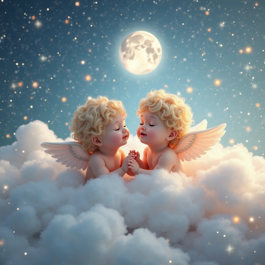 Baby and angle in the sky at night and Both are smiling