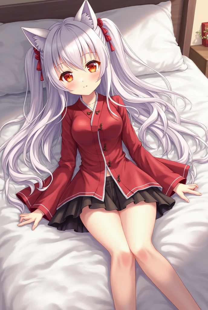 White hair, red eyes, red clothes, loli, barefoot, delicate, winter --auto