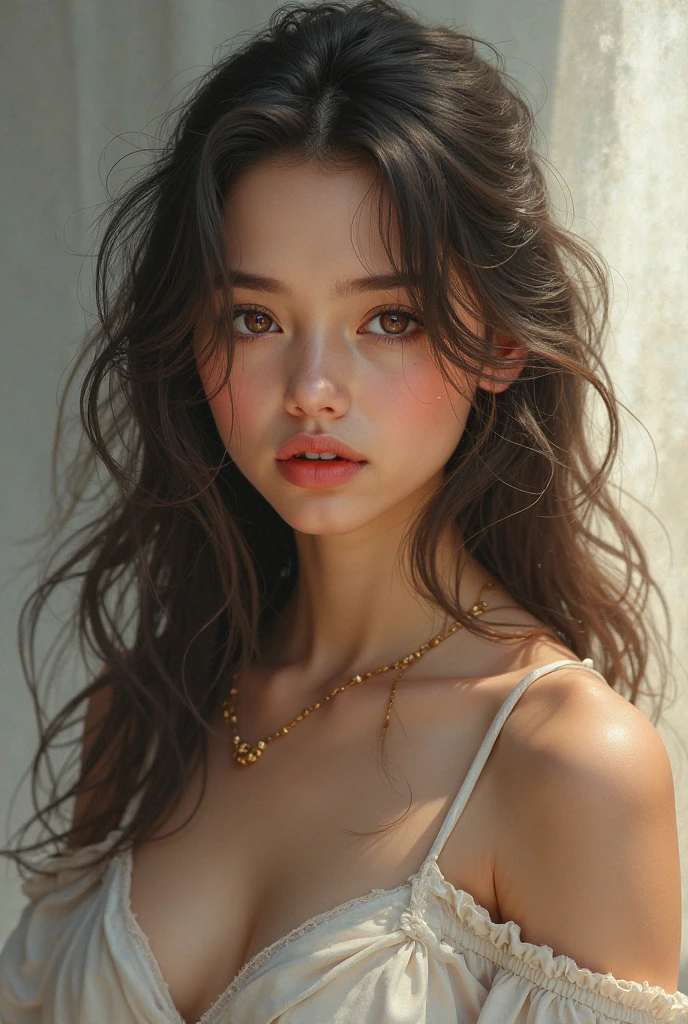 beste-Qualit, master-piece, high-res, master-piece, beste-Qualit, 1 girl, aqua eyes, black hairr, gag, multicolored background, look at viewer, outside, single, upper body, win, clean, Exquisite Face, clean face, pale skin, sexy,(( subject , off-the-shoulder, belly buttons, Briefs)), long-haired, ((perfect female figure)) Jisoo, seduce, Very detailed, beste-Qualit, master-piece, high-res, original, extremely detailed 8K wallpaper ,master-piece,beste-Qualit,optical illusion,eyes with beautiful details,Cinematic Lighting, Hair ornaments, necklace, jewelry, Exquisite Face, On the body, Tyndall effect, photorealistic portrait,