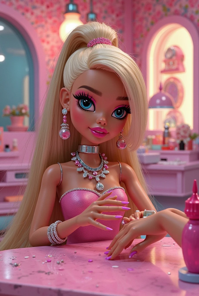 Barbie with pink hair and purple clothes