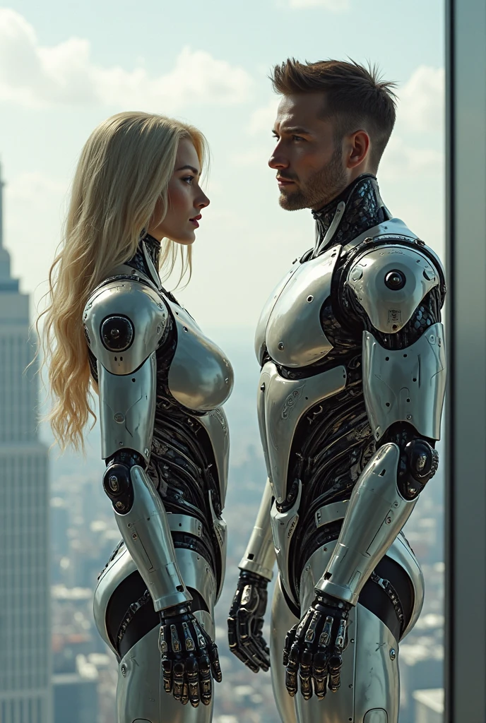 Sexual relationship between a male cyborg and a female cyborg on the roof of a skyscraper, high quality, Best quality, absurdity, masterpiece, Beautiful, complex parts, 1/2 body crops, slender body, Beautiful figure, Magnificent Anatomy, (complex parts:1.12), HDR, (complex parts, hyperdetailing:1.15), (natural skin textures, hyperrealistic, soft light, spicy:1.2)