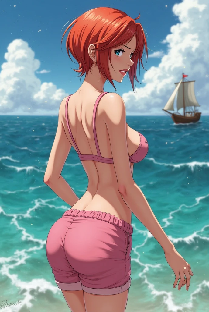 by demizu posuka
1girl , collarbone, bra, bikini, , smile, medium hair cleavage,
beach, sunset, gradient sky , ass
vivid, colorful, stunning, anime
amazing quality, best quality, high quality