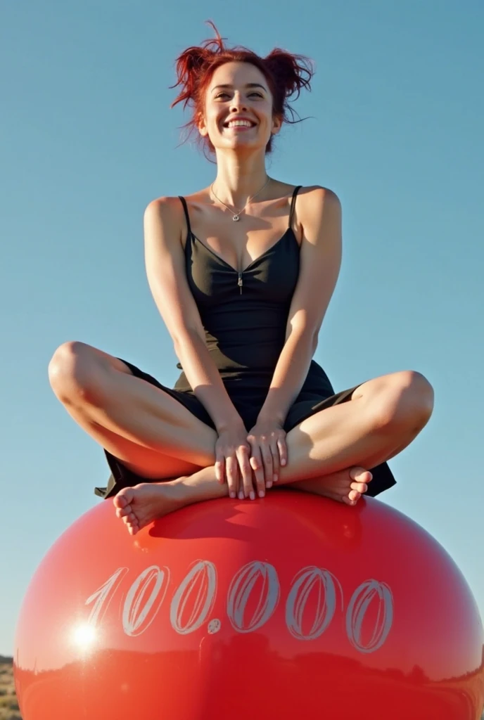 amazing stunningly beautiful (toy-sized:1.5) (thicc:1.4) 21 year old (mayim bialik:1.2) (sitting on the edge of a giant expansive high square tabletop:1.4), legs dangling in the air, smiling, (very long bright red dress:1.5), (tattooed:1.2), (aquiline nose:1.5), (short brown pixie haircut:1.3),