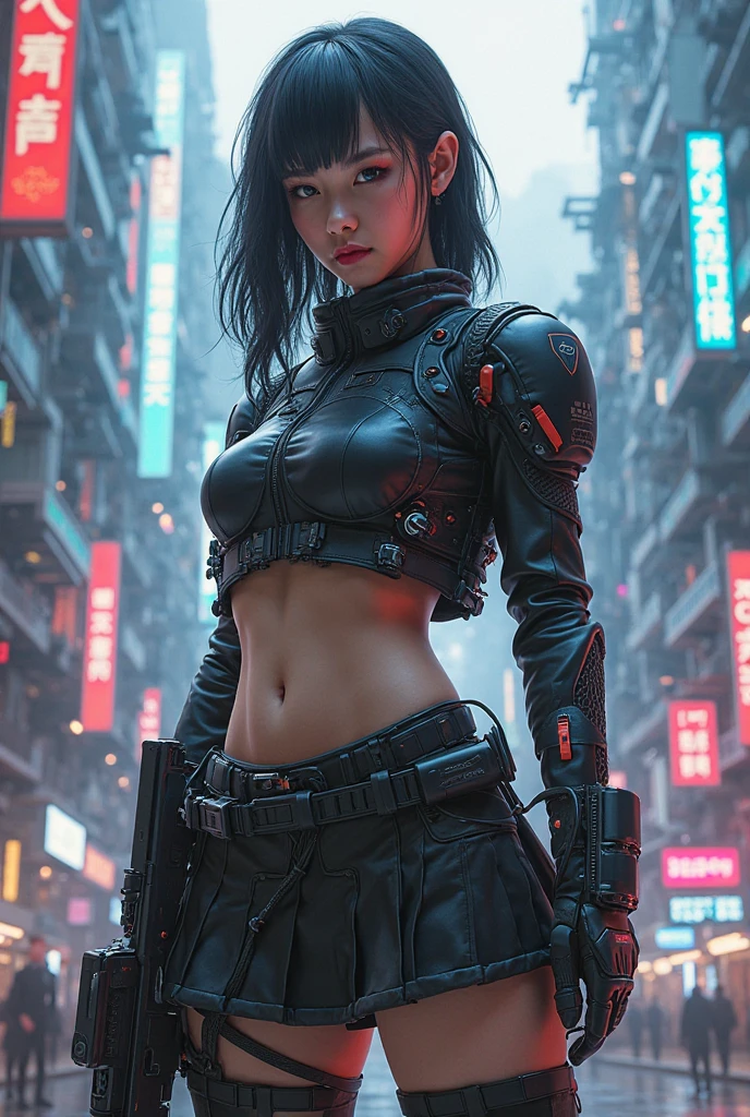 1female samurai cyborg wearing a cloak, (Black Coat:1.2), holding sword, Katana, God of War, complex, 8k, (Masterpiece, Best quality:1.2), extremely detailed, cinematic, iridescent, armor, mecha,