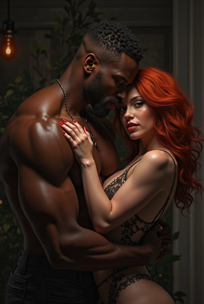 Very tall French-Nubian featured male model, permed curl hair style parted to the side hair, toned body, dark skin, vibrant purple eyes, tall thin toned body. Kind expression, standing behind a shorter woman, very pale skin, vibrant blood-red-maroon tussled wavy side-parted hair, that reaches to her sternum, black bra and black panties. Her expression is amused. Inside a classical French bedroom, canopy bed, low lighting.