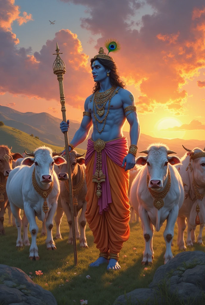 Krishnan with small cows and blue background