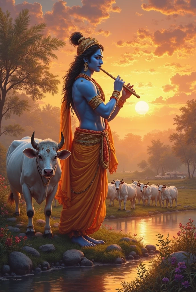 Lord krishna sitting on cow beside river and forest