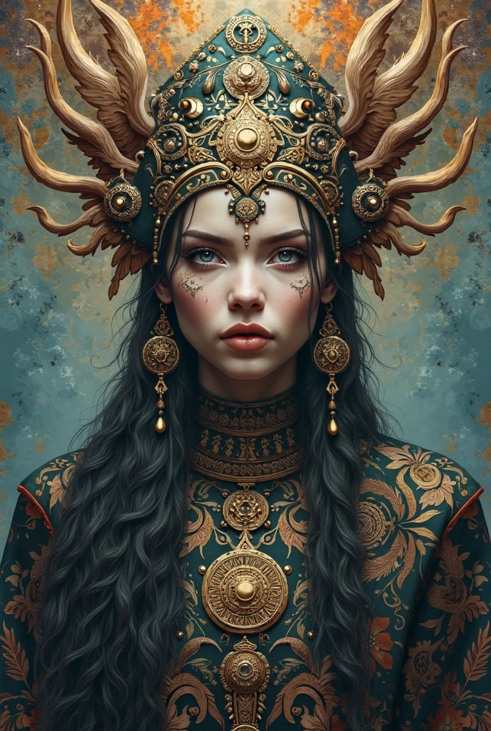 Woman wearing a headdress with horns and skulls on a dark background,Full body portrait

