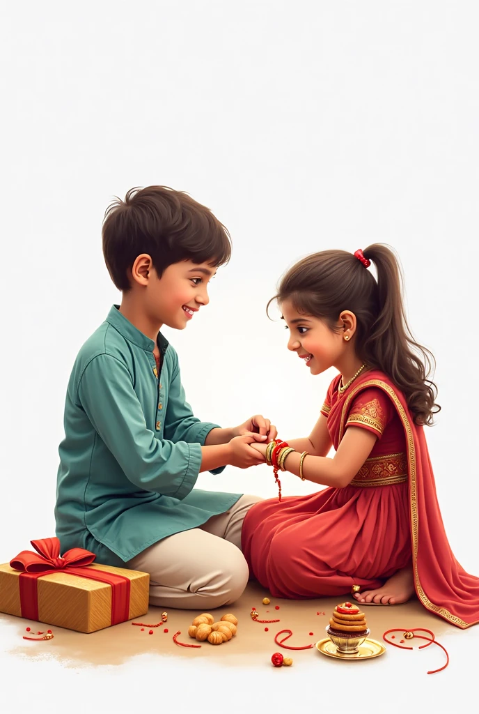 A real 20 year old Cute boy and girl are sitting face to face on a colorful mat in the home lobby,. the boy has extended one of his hands forward, And Girl tying Rakhi on brother’s hand. boy is wearing a Blue colored kurta And the girl is wearing a Red Lahenga boy has a gift box in his other hand, is smiling, boy has applied tilak on his forehead, and on the wall in bold letters “HAPPY RAKSHA BANDHAN” “Harish & Nisha” It is written, 4k image