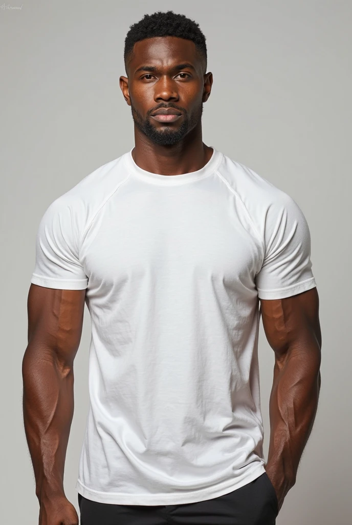 objective, generate a master photograph describing a dark skin shapely Man, well-lit portrait of a muscular, stylish male fitness model standing confidently against a minimalistic, modern background, (8K, best quality), smile, fade hair, (hard chest, six pack, v cut), half body, he is smiling slightly, wearing a fitted, plain white t-shirt and casual jeans, with a watch on his wrist, the overall vibe is approachable and professional, (He has Most sexy buttocks booty glutes), Manly, Mancore, (He has fit hips, sexy hips, sexy fit hips, extremely sexy hips), (asiatic skin, glistening skin, beautiful complexion), shot on Fujifilm superia, (Studio soft light, high detail, cinematic lighting, rim lighting), Style: (hyperrealistic, by DynastySeries FashionNova, photo, {{{masterpiece photography}}}, analog photograph, professional fashion photoshoot, trending on artstation, synthwave, krrrsty), Quality: (photographed, masterpiece, highest resolution), Definition: (highres, sharp focus, 8k uhd, ultra photo-realistic resolution), Film: (80 mm, shot on portra 120, shot on Fujifilm), Resolution: (extremely detailed, (sharp focus:2), cinematic lighting, dramatic lighting, ultra photo-realistic), luxury: mohawk hairstyle   