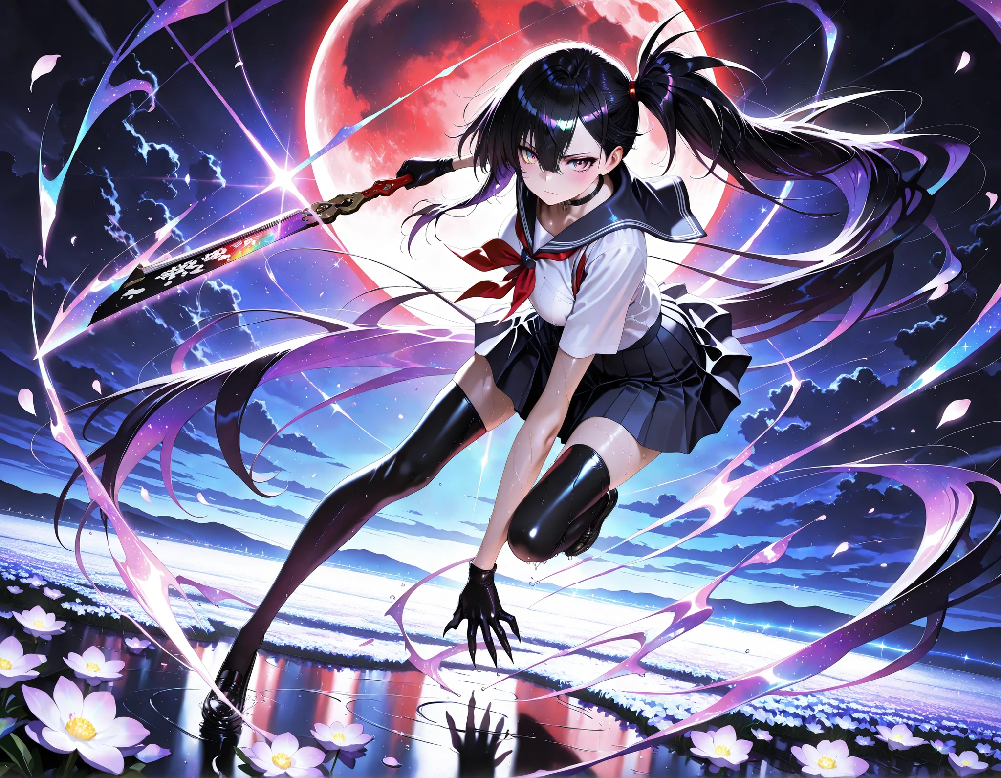masterpiece, top quality, Super Detailed, 8k, full body, dynamic poses, cinematic lighting, solo, 1 woman, sharp purple eyes , multicolored eyes , hair between eyes , long side bangs , black hair with fine purple strands , very long hair , medium breasts
Japanese High School Girl , pleated skirt, sailor collar, black thigh high socks, glossy skin, holding weapon, holding weapon, fan, ornament fan, the fan blade looks like petals, black claws on the fan, weapon fan, , Desolate World 、Black sky and red moon、small flower field on dead earth, raindrop, Wet, Disconnect, side ponytail in a low position, serious expression, Semi-realistic, anime style, masterpiece, best quality, amazing quality, very aesthetic, 8k, HDR, cinematic, Glowing_Lights, glowing_light, glowing, glowing_effect, sparkling, particles, sparkle_effect, light_particles, glitter, glitter_effect, bokeh, light_bokeh, light_reflection