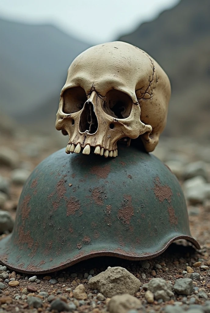 A skull still wearing a helmet is found on a battlefield from Japan's Sengoku period、There are many flies and bugs around the skull.。photo、photoリアリスティック、