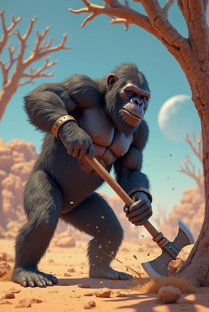 Gorilla carrying rocks on his back up a hill