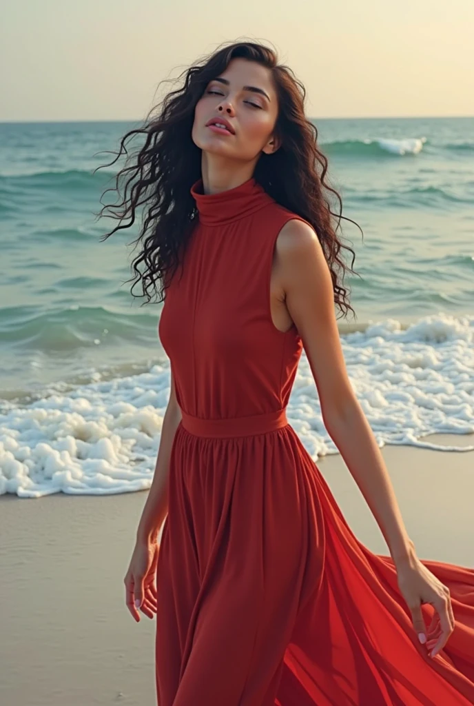 a woman, elegant, with half-long black hair, dressed in a red dress, sexy, also on a beach, realistic , 9:16 aspect ratio, nice , hyper-realistic image that could be mistaken for a real photograph