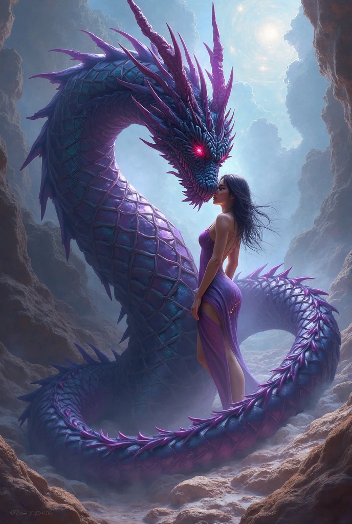(best quality,4k,8k,highres,masterpiece:1.2), ultra-detailed, realistic, naked sexy dragon woman with violet glittering scales, skin is glittering amethyst purple scales, medium length black hair with white highlights, very playful but mischievous smile, huge tits, gigantic breasts, naked, nude, detailed crotch, detailed vulva, detailed pussy, sexy pose, spread legs, spread pussy lips, playful, bi-coloured eyes, heterochromia, lustful