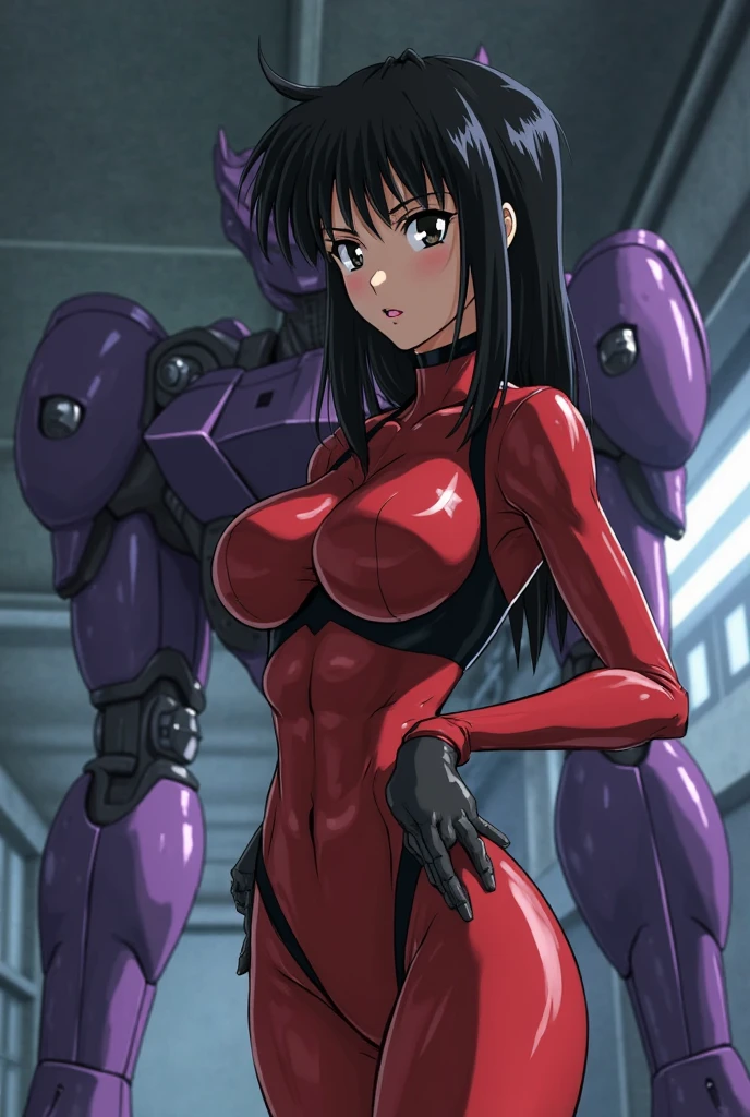 black hair, ponytail, (blush:1.4),reika\(gantz black suit\), red lipstick, large breasts,ultra-detailed, 1 girl, solo, beautiful face, black eyes,in room,looking at viewer