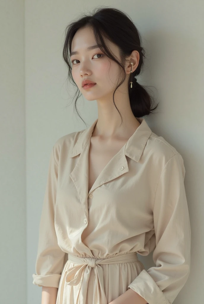 Temperament girl, delicate facial features, bangs, brown ponytail, messy hair, hair is very realistic, wearing a pink shirt with short sleeves, the background is a large painting, sea view, Du Qiong, exquisite makeup, light red lips, big eyes, double eyelids, black holes, bright eyes, symmetrical face, very real face, narrow waist, thighs, meticulously portraying the girl's face, blush, super high appearance, looking at the audience, very realistic skin, skin oil reflection, artwork, clothes with real fabric texture, realistic painting , cinematic style, photography level, ray tracing, realistic light and shadow effects, realism, masterpiece, like the top photography effect, 8K
