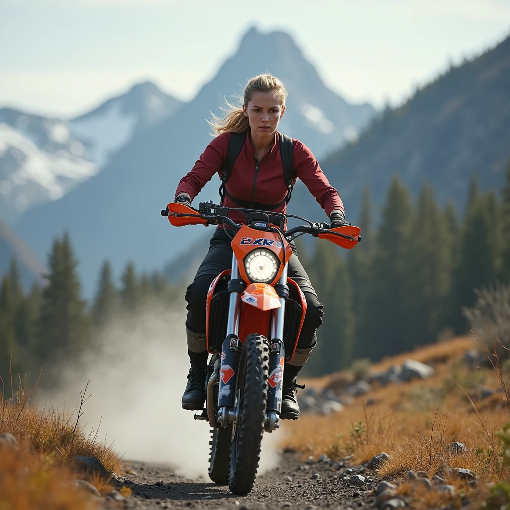 A woman takes a photo on a sports motorbike on a beautiful beach
