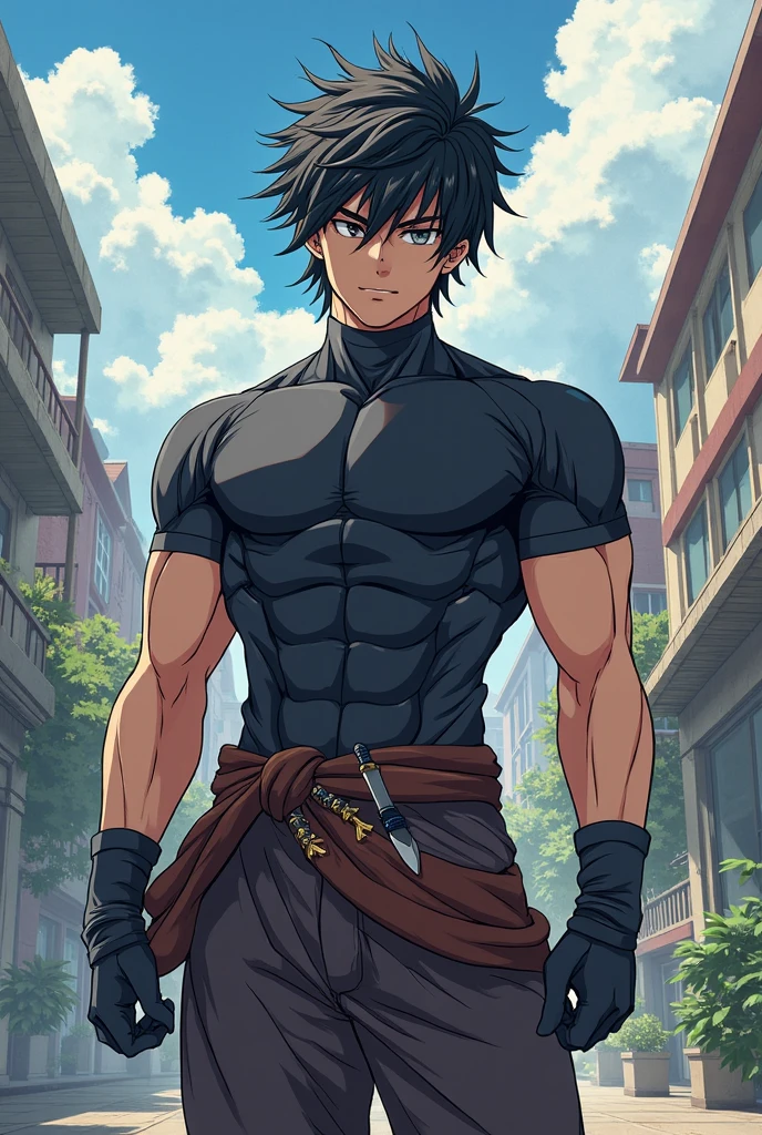 (1 boy),(anime),(young),(16 year old ager),(height 1.80),(short black curly hair),(black skin color:1.5),(Average physical height but looks strong and muscular with strong arms but not looking muscular), (black brown eyes), (Brazilian nationality: 1.5)