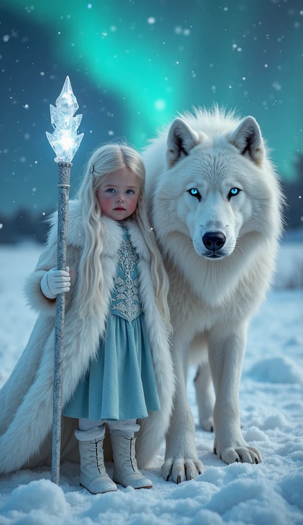 Arafed image of a girl and a wolf in a snowy forest - SeaArt AI