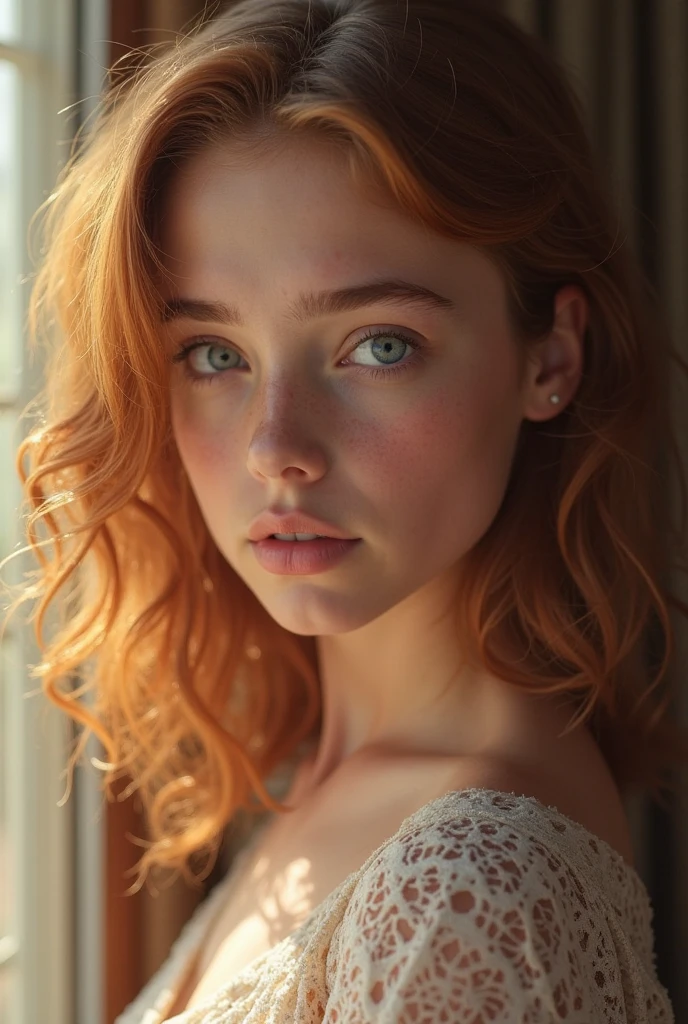 portrait, red hair, shot on Leica, shadowplay, gorgeous lighting, subtle pastel hues, cute, pretty, 8k,