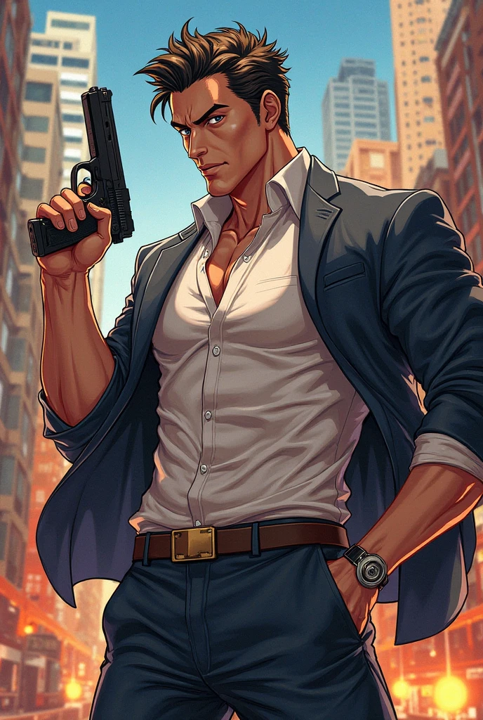 Homem de meia idade,unshaven,decadent,Sharp eyes,hand gun,holding gun,Take a cigarette,Gray shirt